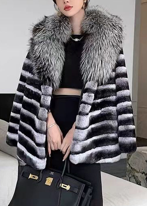 Art Striped Rabbit Hair Collar Leather and Fur Coat Winter