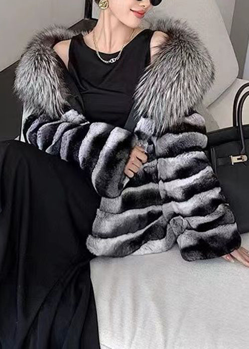 Art Striped Rabbit Hair Collar Leather and Fur Coat Winter