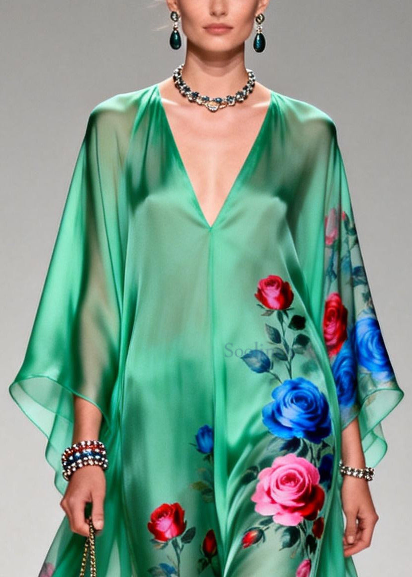 Art Tea Green Oversized Print Chiffon Long Dresses Summer