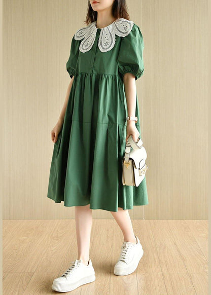 Art Tea Green Lantern Sleeve Button Summer Cotton Vacation Dresses