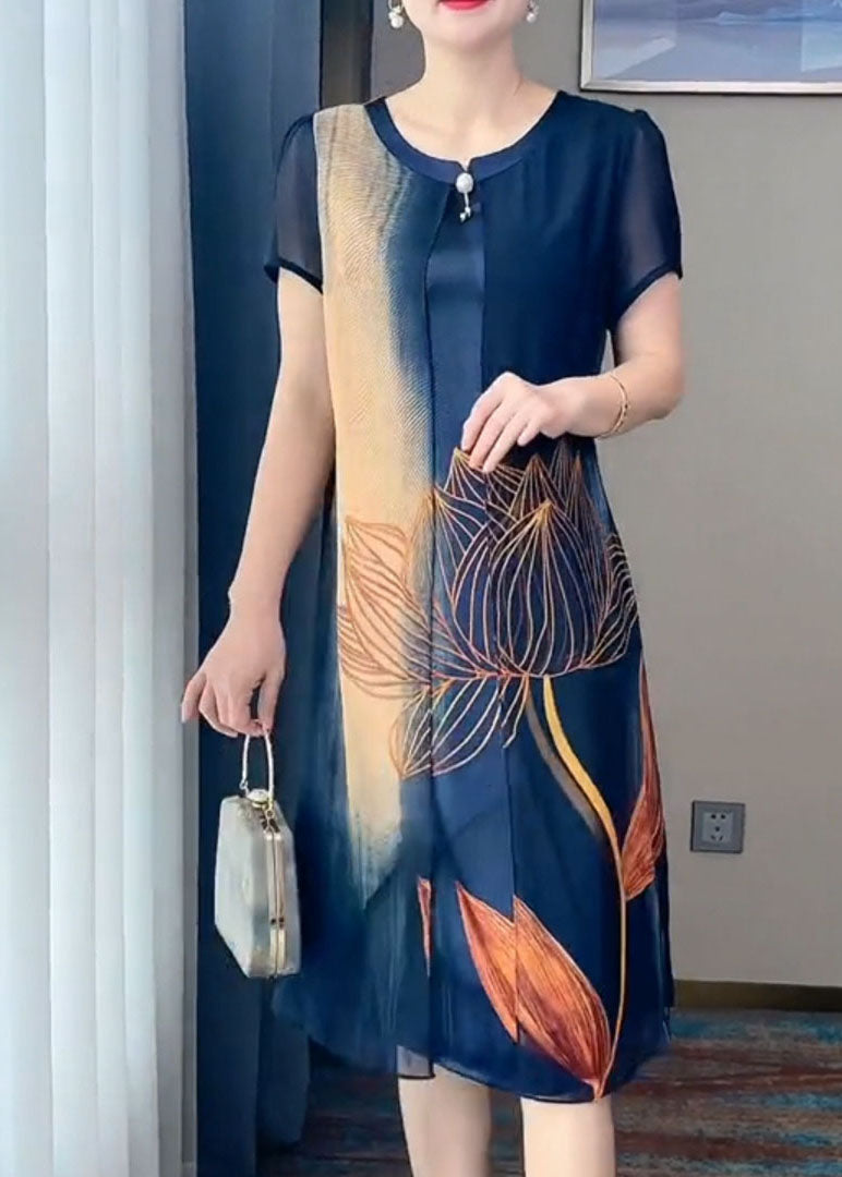 Art Tibetan Blue O-neck Tulle Patchwork Silk Long Dresses Short Sleeve
