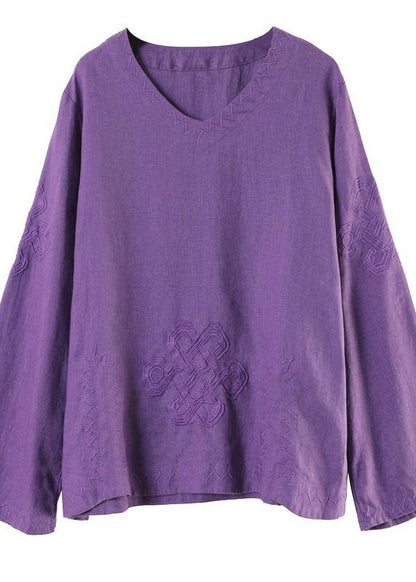 Art V Neck Embroidery Spring Purple Blouse