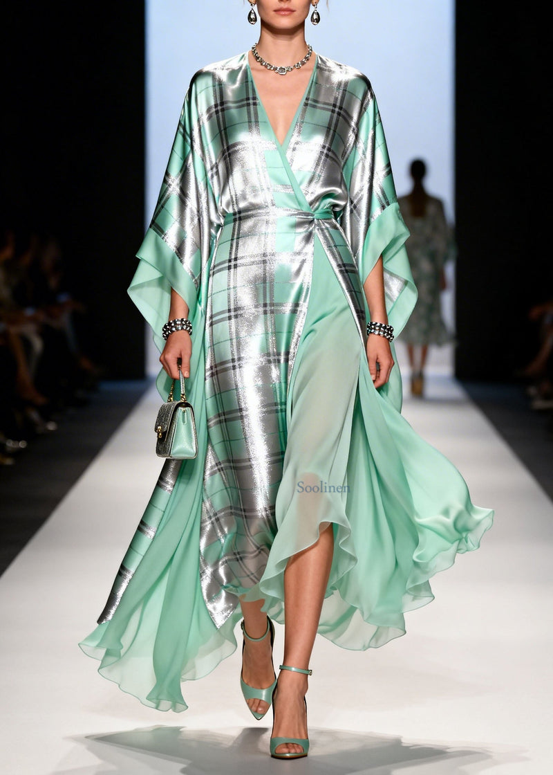 Art V Neck Plaid Print Patchwork Chiffon Dress Summer
