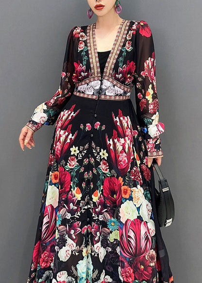 Art V Neck Print Chiffon Long Dresses Fall