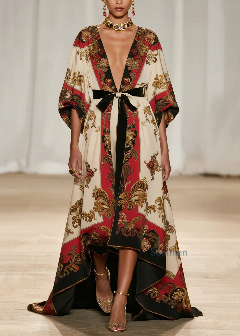 Art V Neck Print Low High Design Cotton Ankle Dress Spring