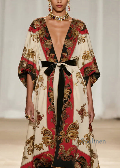 Art V Neck Print Low High Design Cotton Ankle Dress Spring