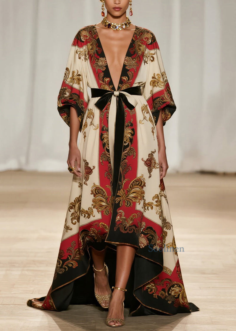 Art V Neck Print Low High Design Cotton Ankle Dress Spring