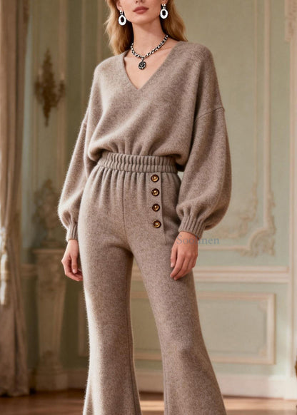 Art V Neck Top and Pants Knit Two Pieces Set Spring
