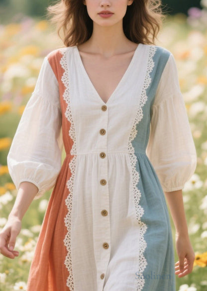 Art White Asymmetrical Patchwork Cotton Dresses Bracelet Sleeve