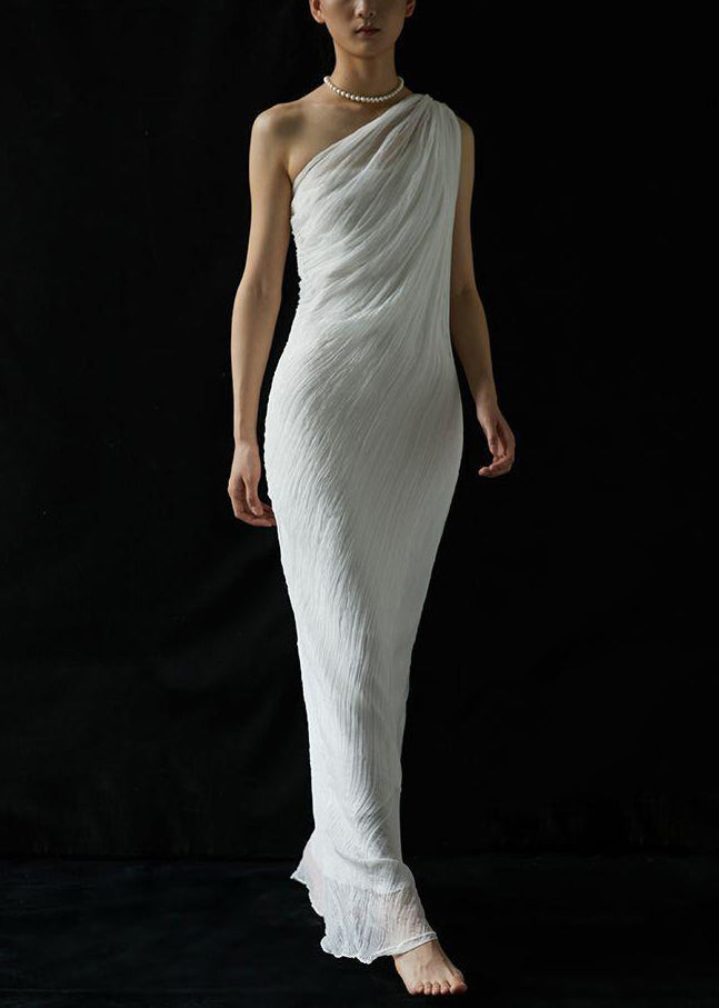 Art White Cold Shoulder Wrinkled Silk Maxi Dress Summer