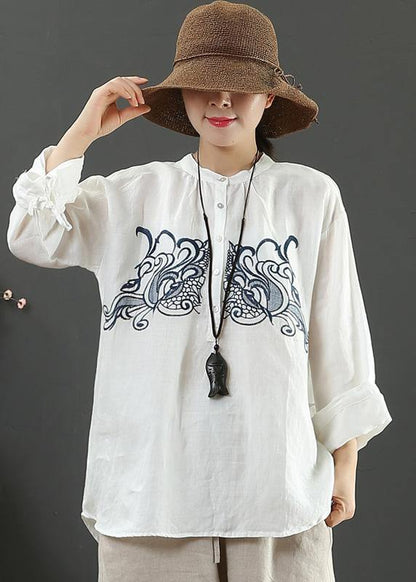 Art White Embroidery Tops Women Stand Collar Daily Spring Top