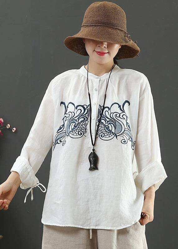 Art White Embroidery Tops Women Stand Collar Daily Spring Top