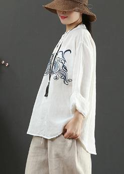 Art White Embroidery Tops Women Stand Collar Daily Spring Top