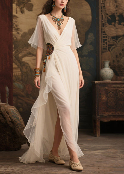 Art White Style Tasseled Side Open Tulle Ankle Dress Summer