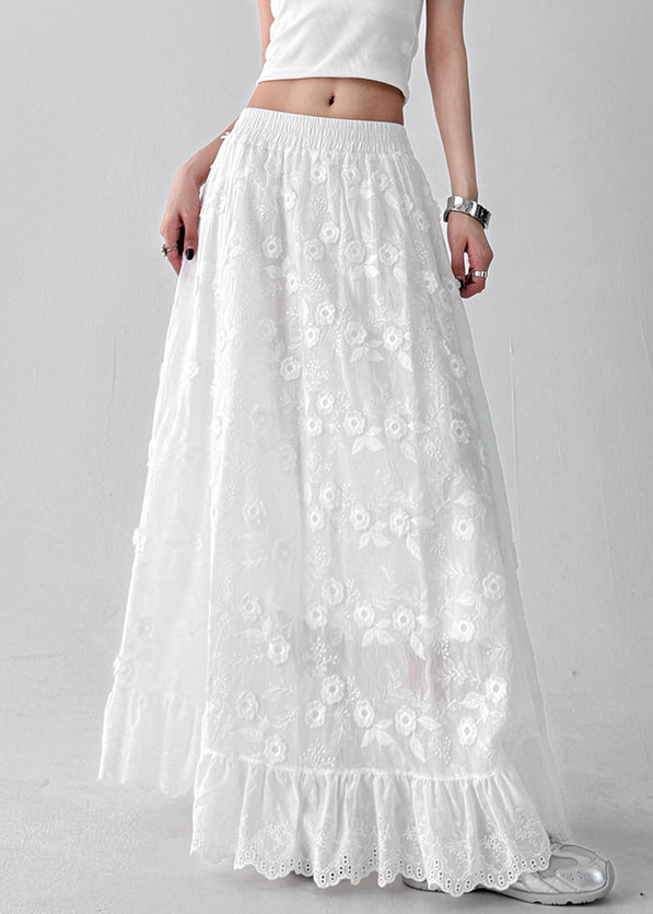 Art White Hollow Out Elastic Waist Cotton Skirt Summer