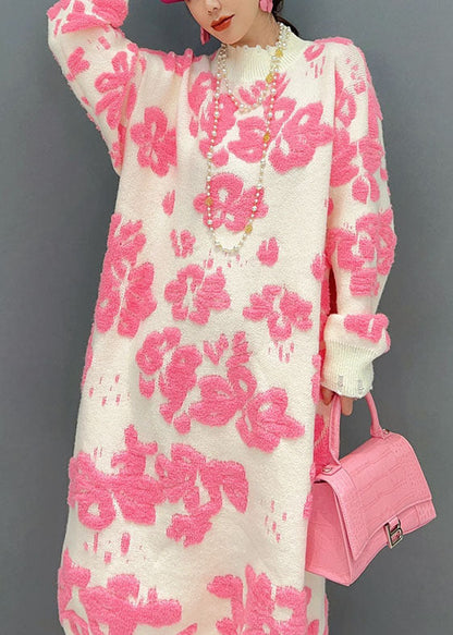 Art White Hign Neck Jacquard Knit Loose Sweater Dress Winter