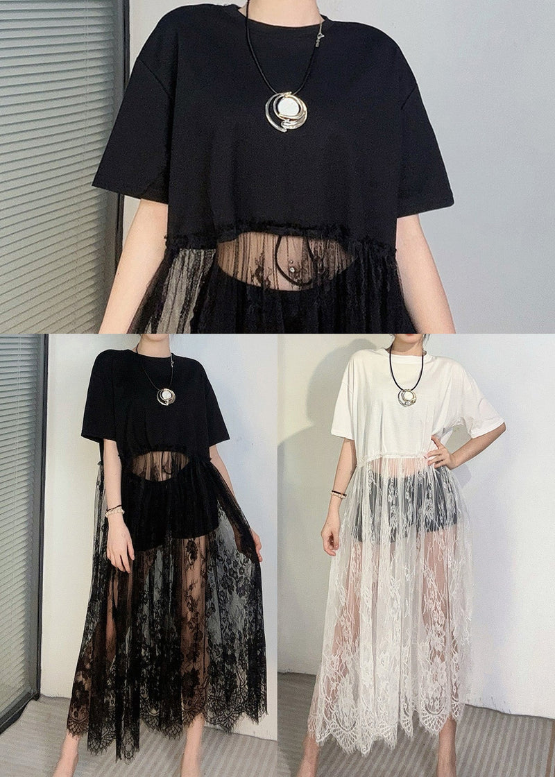 Art White Hollow Out Patchwork Lace Ankle Dress Summer