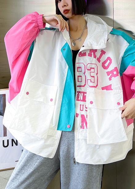 Art White Letter Patchwork Cotton Spring Hooded Coat