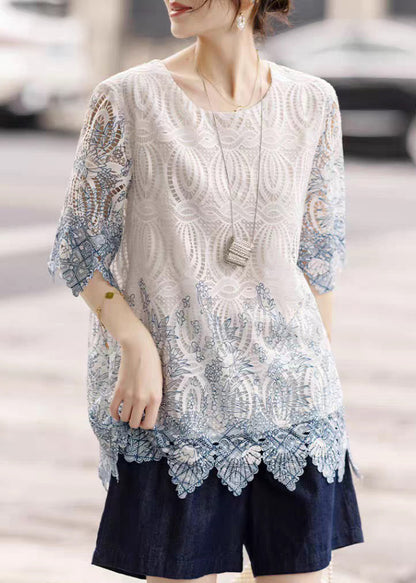 Art White O-neck Hollow Out Cotton Shirts Half Sleeve