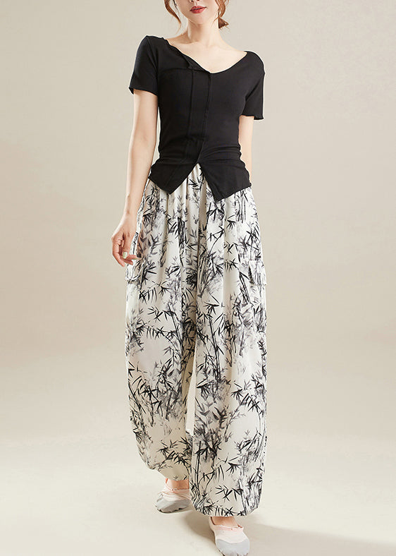 Art White Oversized Bamboo Print Chiffon Pants Summer