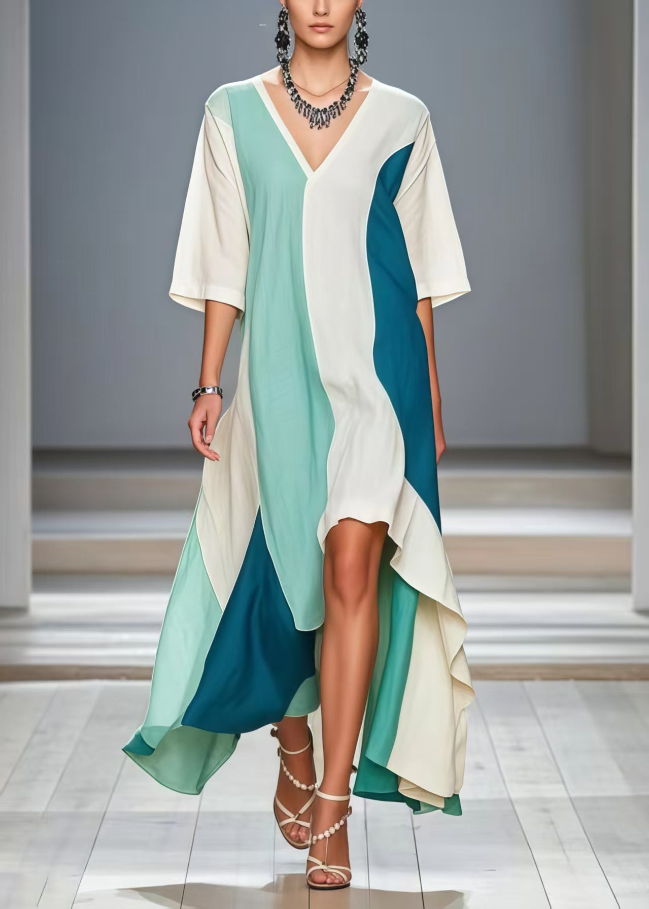 Art White Oversized Patchwork Cotton Dress Half Sleeve
