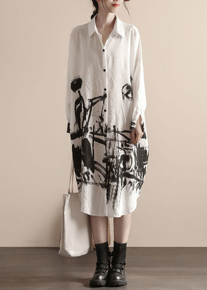 Art White Peter Pan Collar Patchwork Linen Shirts Dress Spring