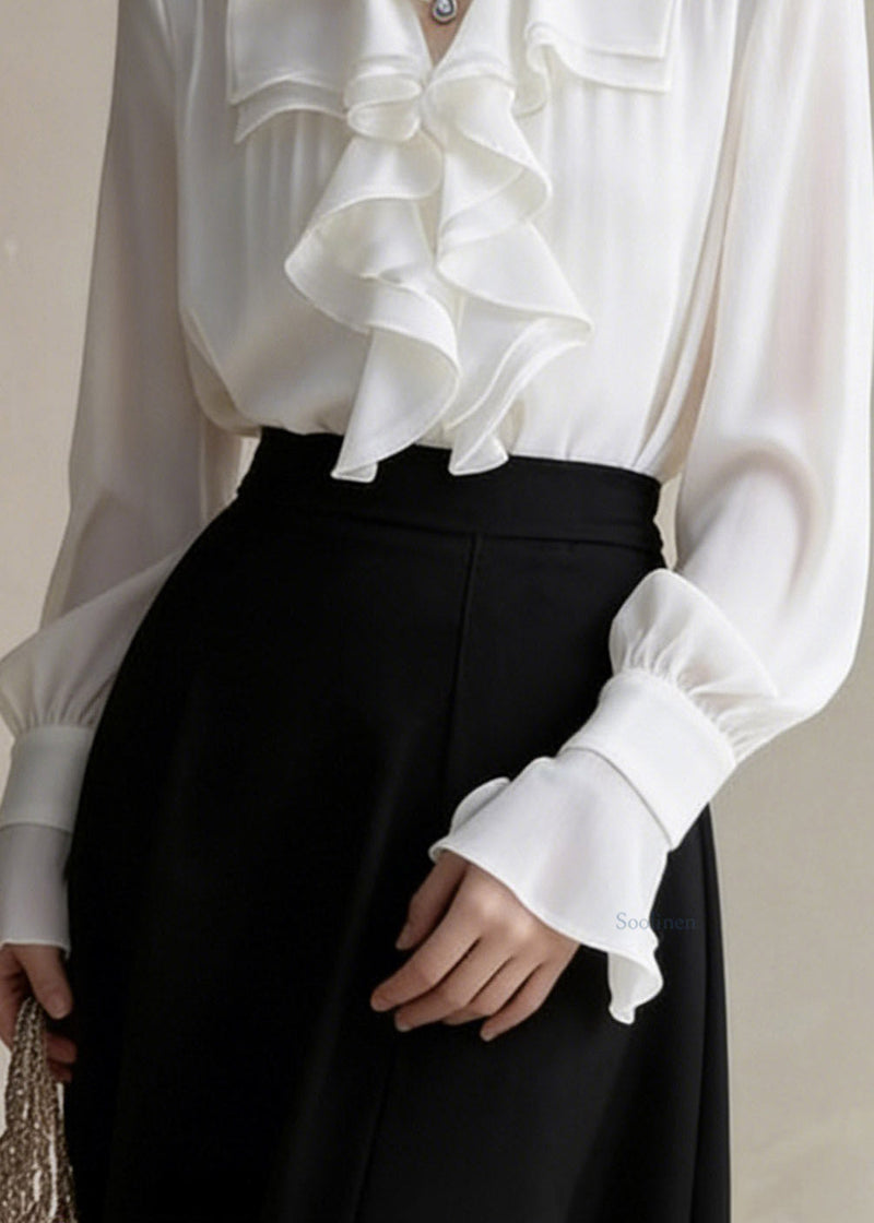 Art White Peter Pan Collar Ruffled Chiffon Shirts Spring