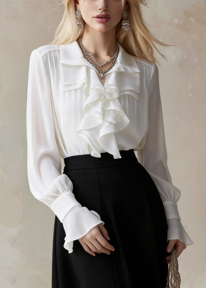 Art White Peter Pan Collar Ruffled Chiffon Shirts Spring