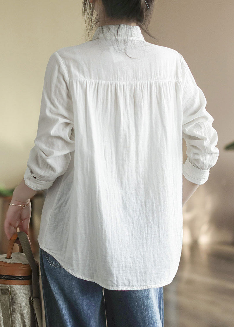 Art White Peter Pan Collar Button Embroideried Cotton Shirt Tops Spring