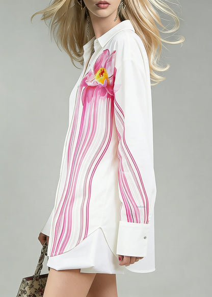 Art White Print Side Open Cotton Blouse Spring