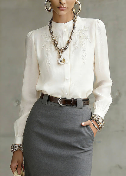 Art White Stand Collar Embroidered Top Spring