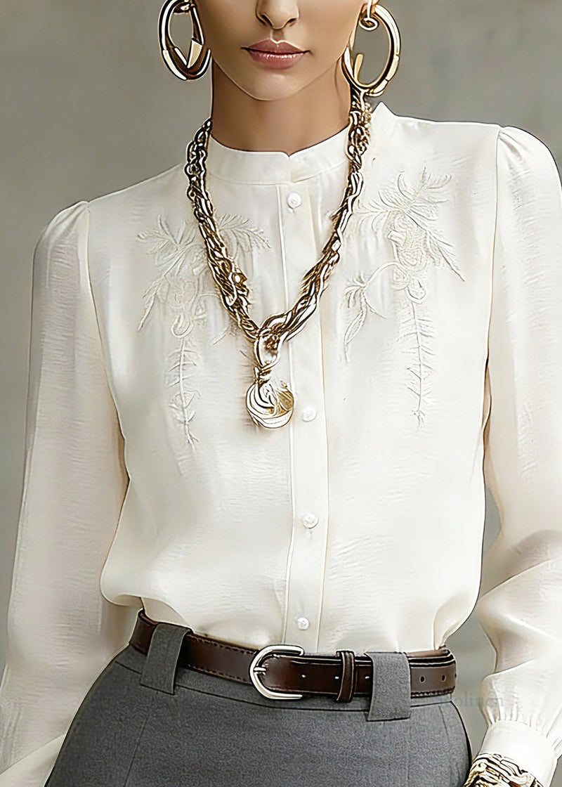 Art White Stand Collar Embroidered Top Spring
