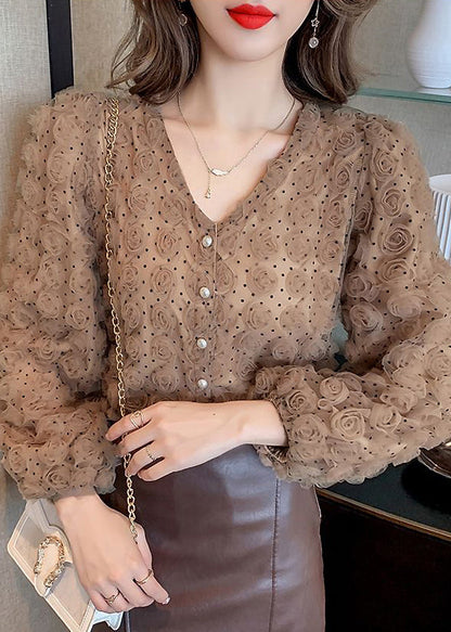 Art White Stereoscopic Floral Tulle Blouses Spring