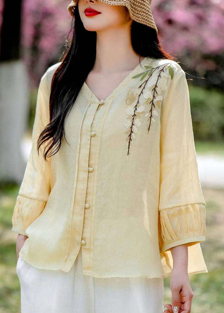 Art White V Neck Embroidered Linen Shirt Fall