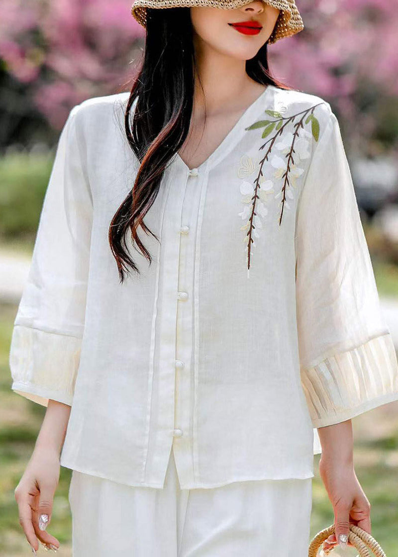 Art White V Neck Embroidered Linen Shirt Fall