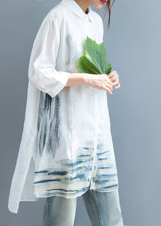 Art White Side Open Print Shirt Tops Half Sleeve