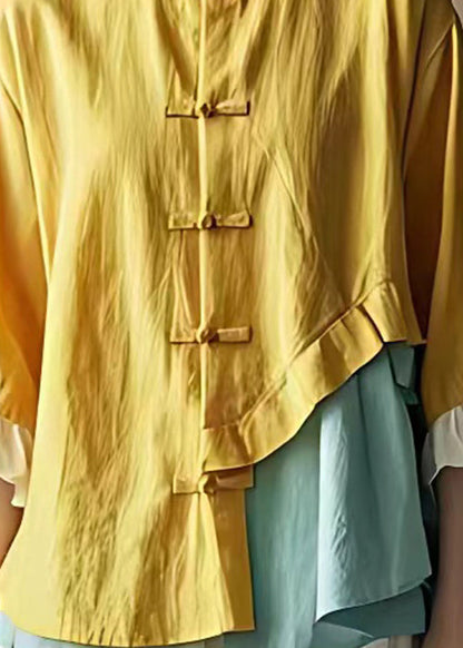 Art Yellow Asymmetrical Button Cotton Blouse Butterfly Sleeve