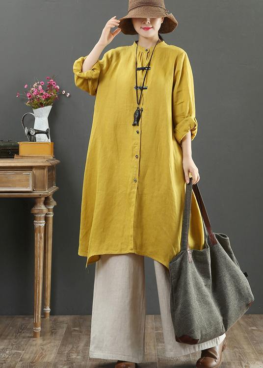 Art Yellow Blouses For Women Stand Collar Asymmetric Spring Top