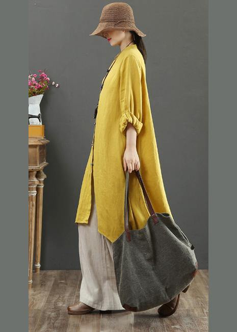 Art Yellow Blouses For Women Stand Collar Asymmetric Spring Top