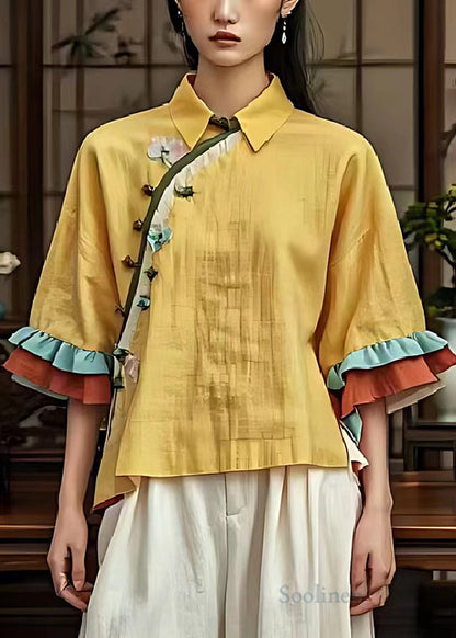 Art Yellow Chinese Button Linen Oriental Shirts Flare Sleeve