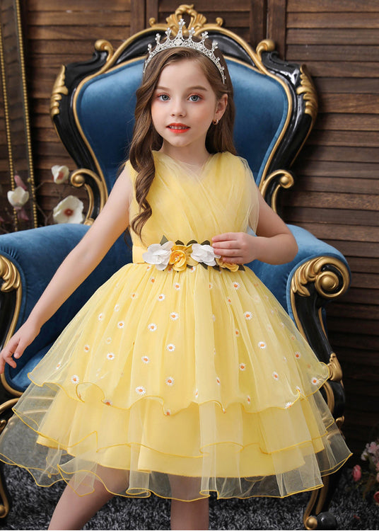 Art Yellow Embroideried Daisy Tulle Baby Party Dress Summer