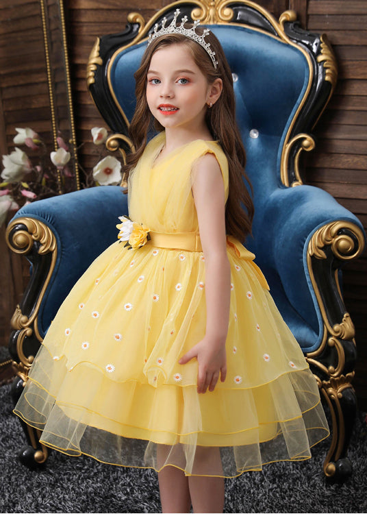 Art Yellow Embroideried Daisy Tulle Baby Party Dress Summer
