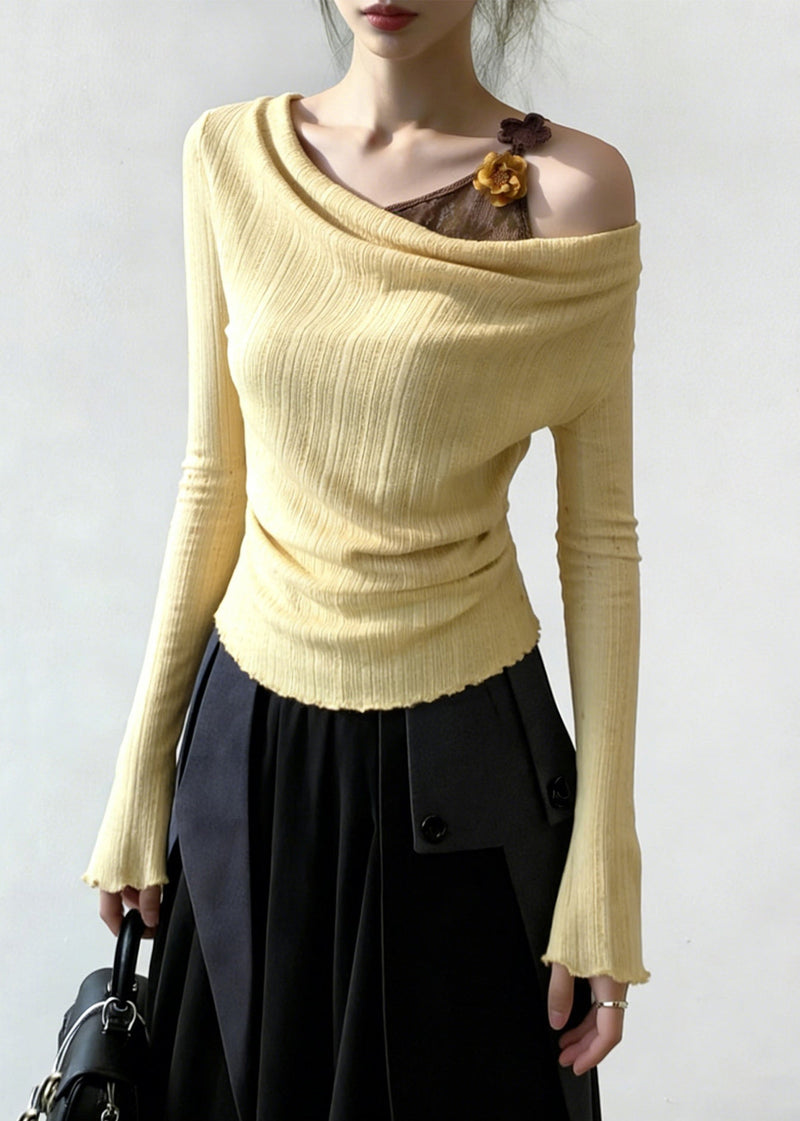 Art Yellow False Two Pieces Patchwork Knitting Cotton T Shirt Flare Sleeve