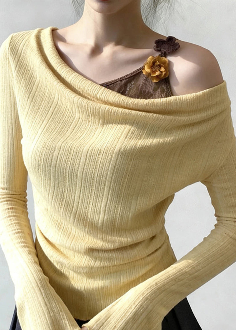 Art Yellow False Two Pieces Patchwork Knitting Cotton T Shirt Flare Sleeve