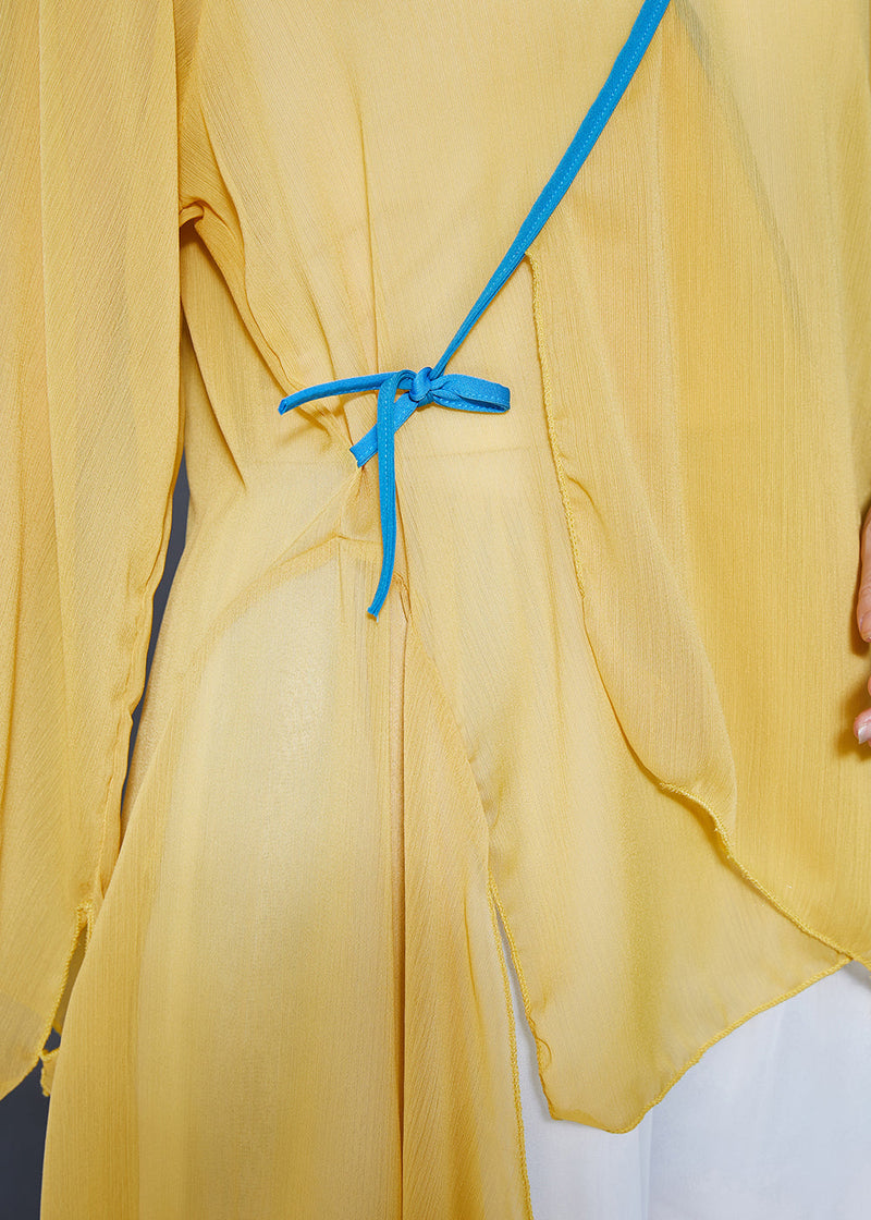 Art Yellow Lace Up Low High Design Chiffon Tops Summer