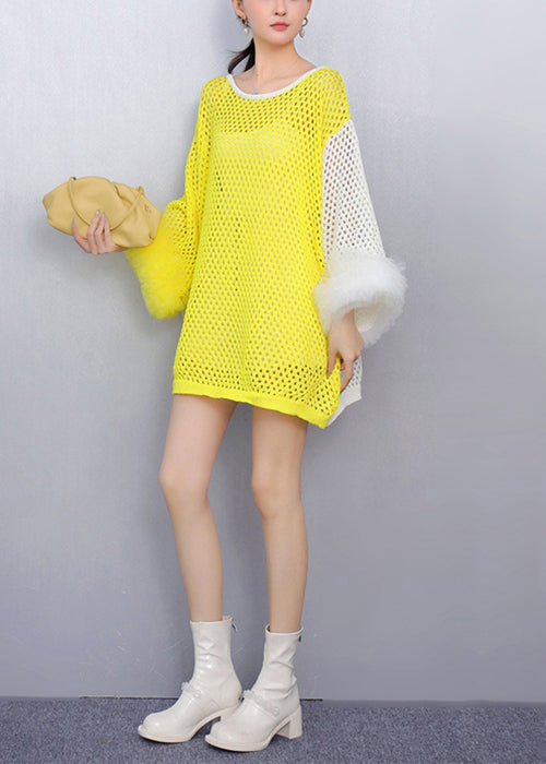 Art Yellow O-neck Hollow Out Patchwork Knit Top Fall