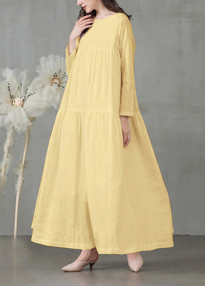Art Yellow Patchwork Loose Linen Dress Long Sleeve