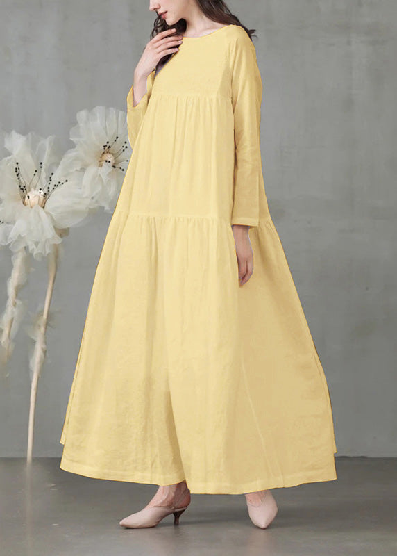 Art Yellow Patchwork Loose Linen Dress Long Sleeve