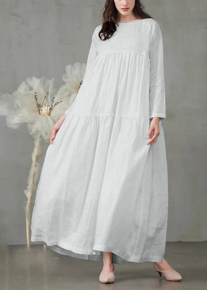 Art Yellow Patchwork Loose Linen Dress Long Sleeve