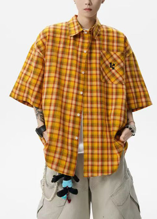 Art Yellow Plaid Button Oversized Cotton Shirts Summer